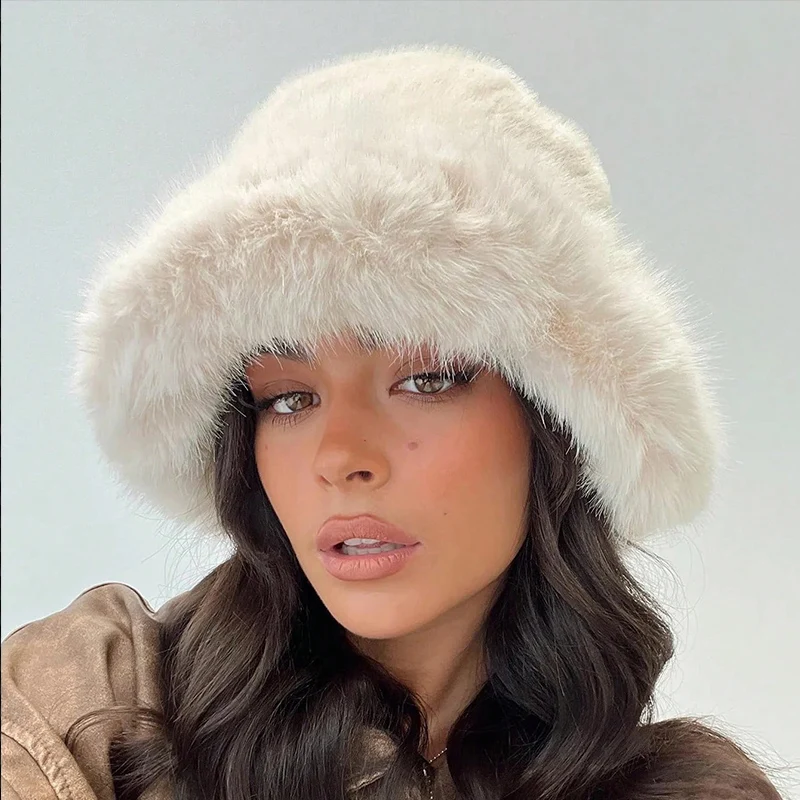 Women's Fuzzy Wide Brim Faux Fur Bucket Hat Winter Fluffy Warmer Fisherman Cap,Comfort Suitable for Fashionable Street Wear.