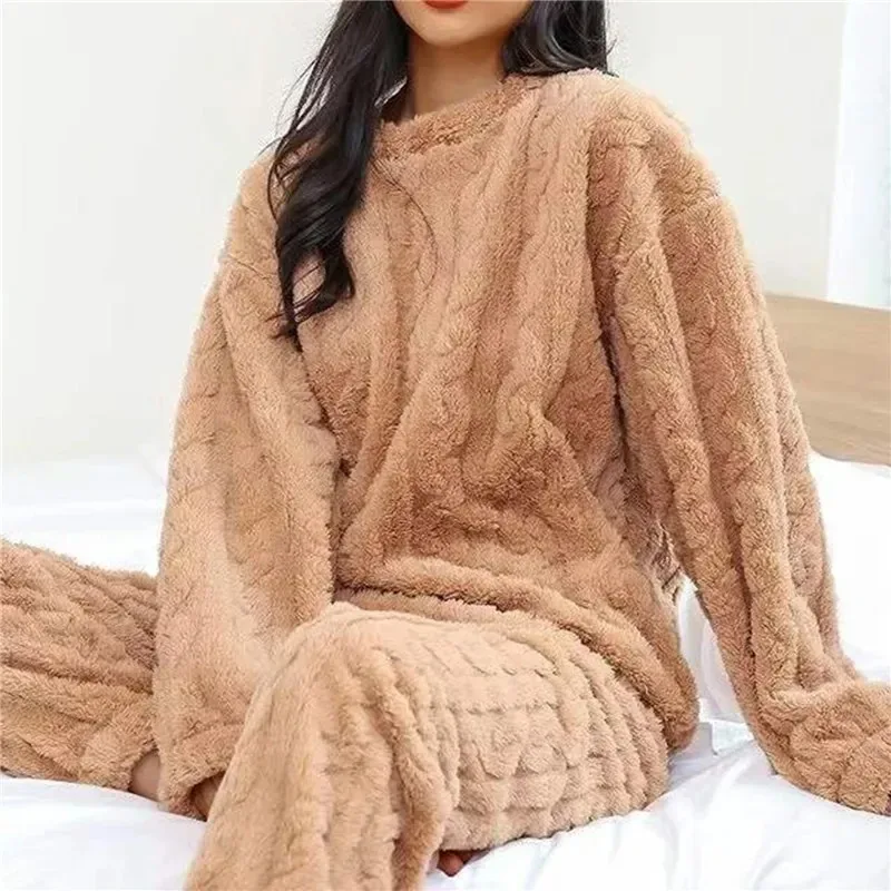 Soft Coral Velvet Jacquard Warm Pajama Set for Women Cozy Loungewear Outerwear for Winter Christmas Valentine's Day Gift - Image 3