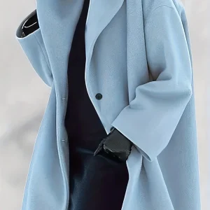 Plus Size Women's Solid Color Long-Sleeve Collared Single-Breasted Jacket with Pockets Loose-Fit V-Neck Minimalist Trench Coat