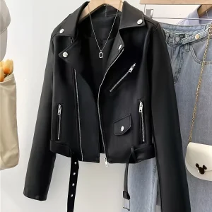 Spring and Autumn Women's Short American Retro Pu Motorcycle Leather Slim Jacket