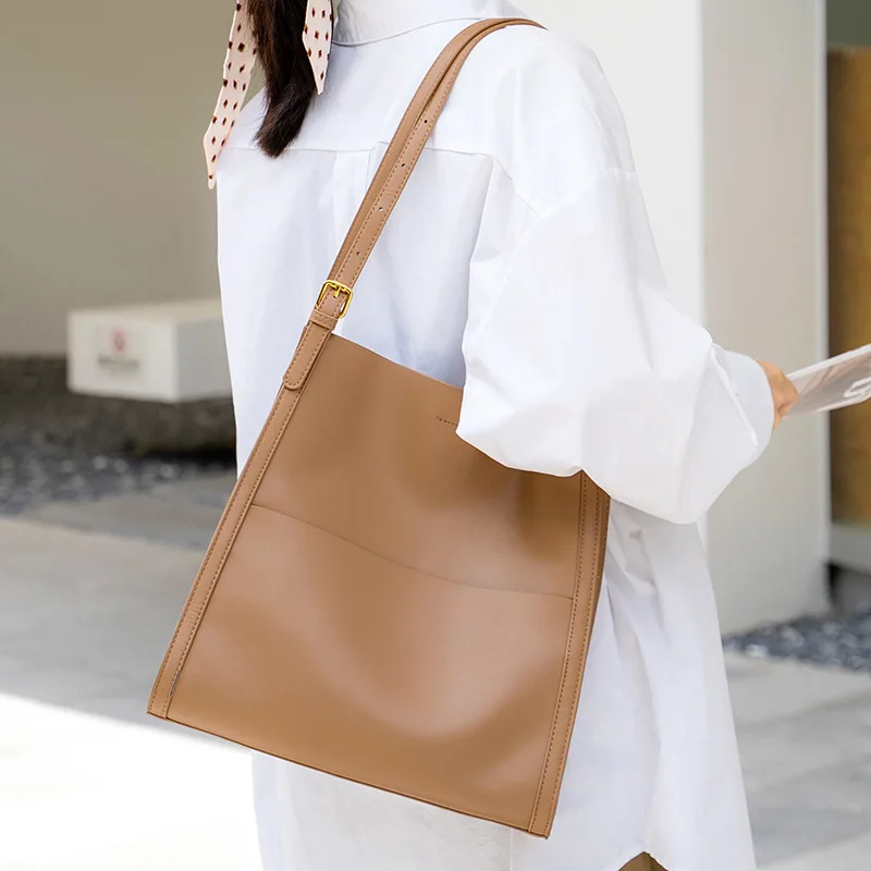 Ladies Soft Cowhide Tote Casual Bucket Handbags Girl Female Luxury Design Shoulder Bags Women‘s Natural Cow Real Leather Bag - Image 2