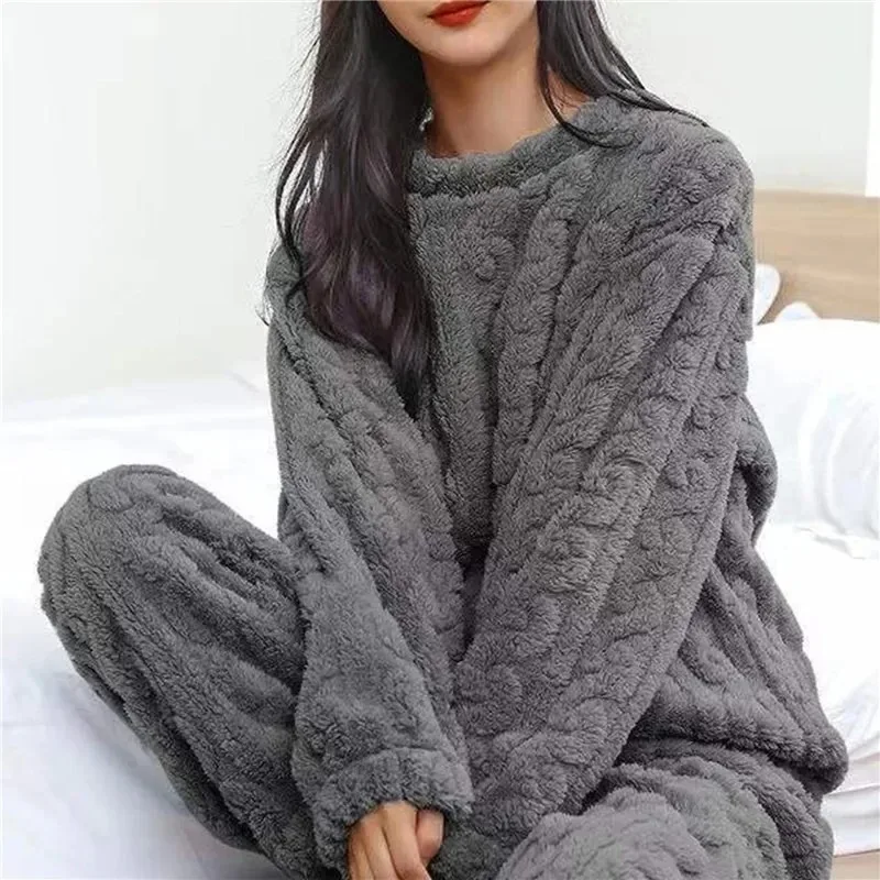 Soft Coral Velvet Jacquard Warm Pajama Set for Women Cozy Loungewear Outerwear for Winter Christmas Valentine's Day Gift - Image 4