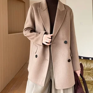 Peak Lapel Wool Short Coat Women 100% Wool Coats Double-Breasted Autumn Winter Blazer Jacket Ladies New #25
